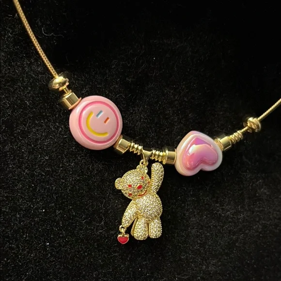 Gold Necklace with Pink Charms - Picture 7 of 12